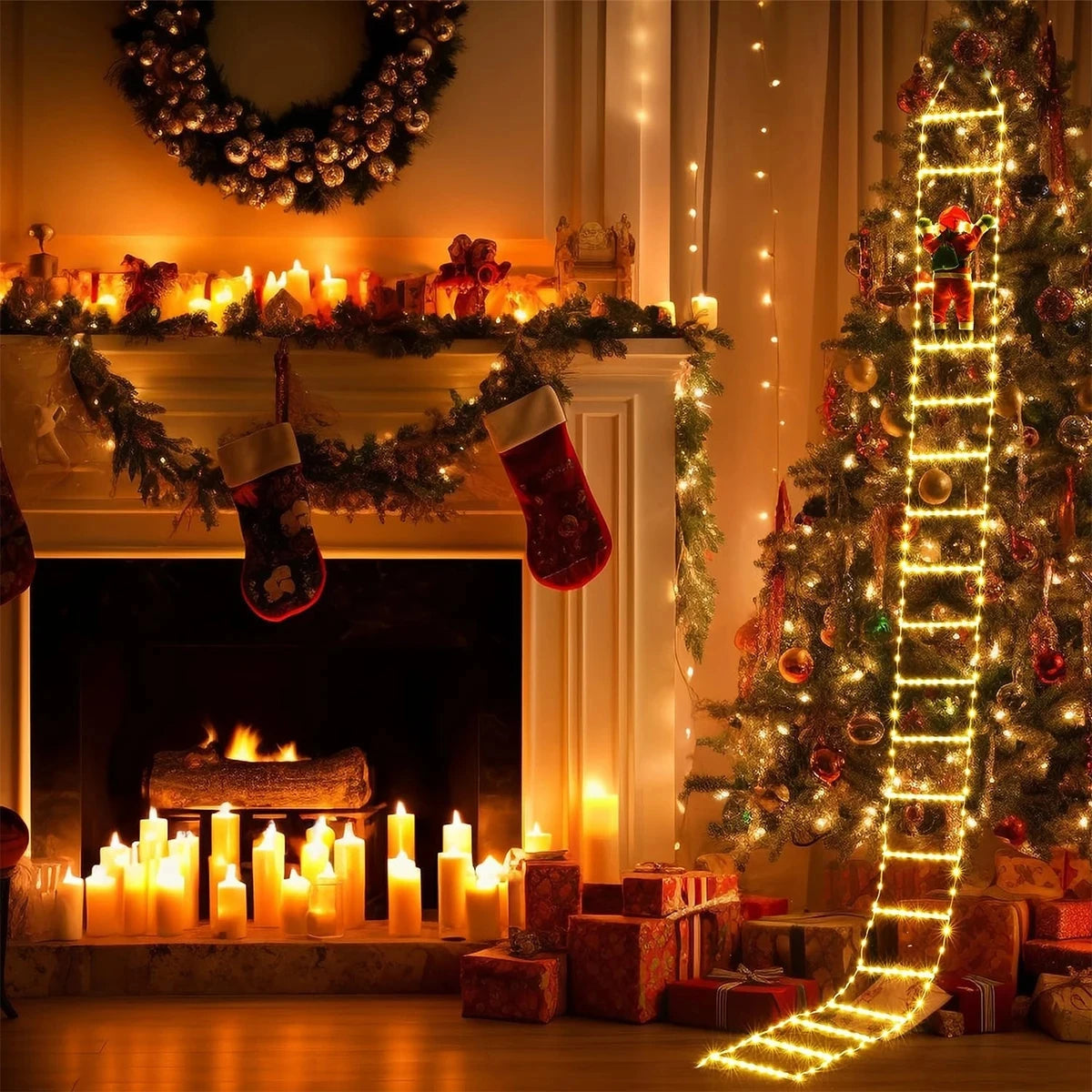 Papai Noel Subindo a Escada com Luzes LED – Decoração Natalina Encantada