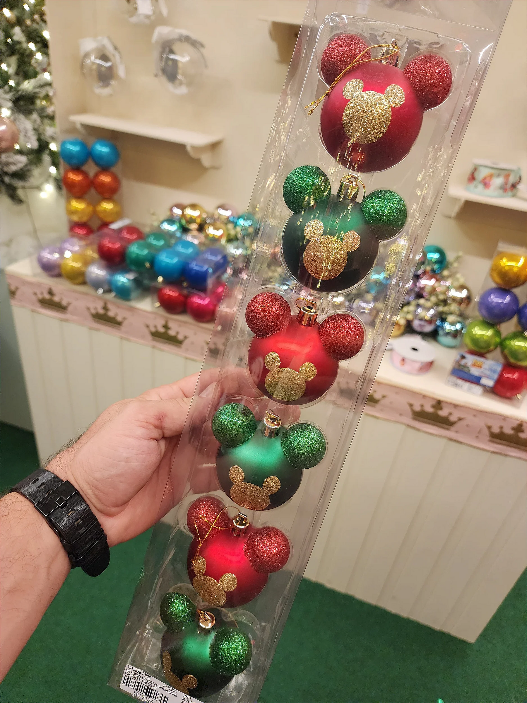 Bola Mickey com glitter verde e vermelho 6cm kit com 6 unidades